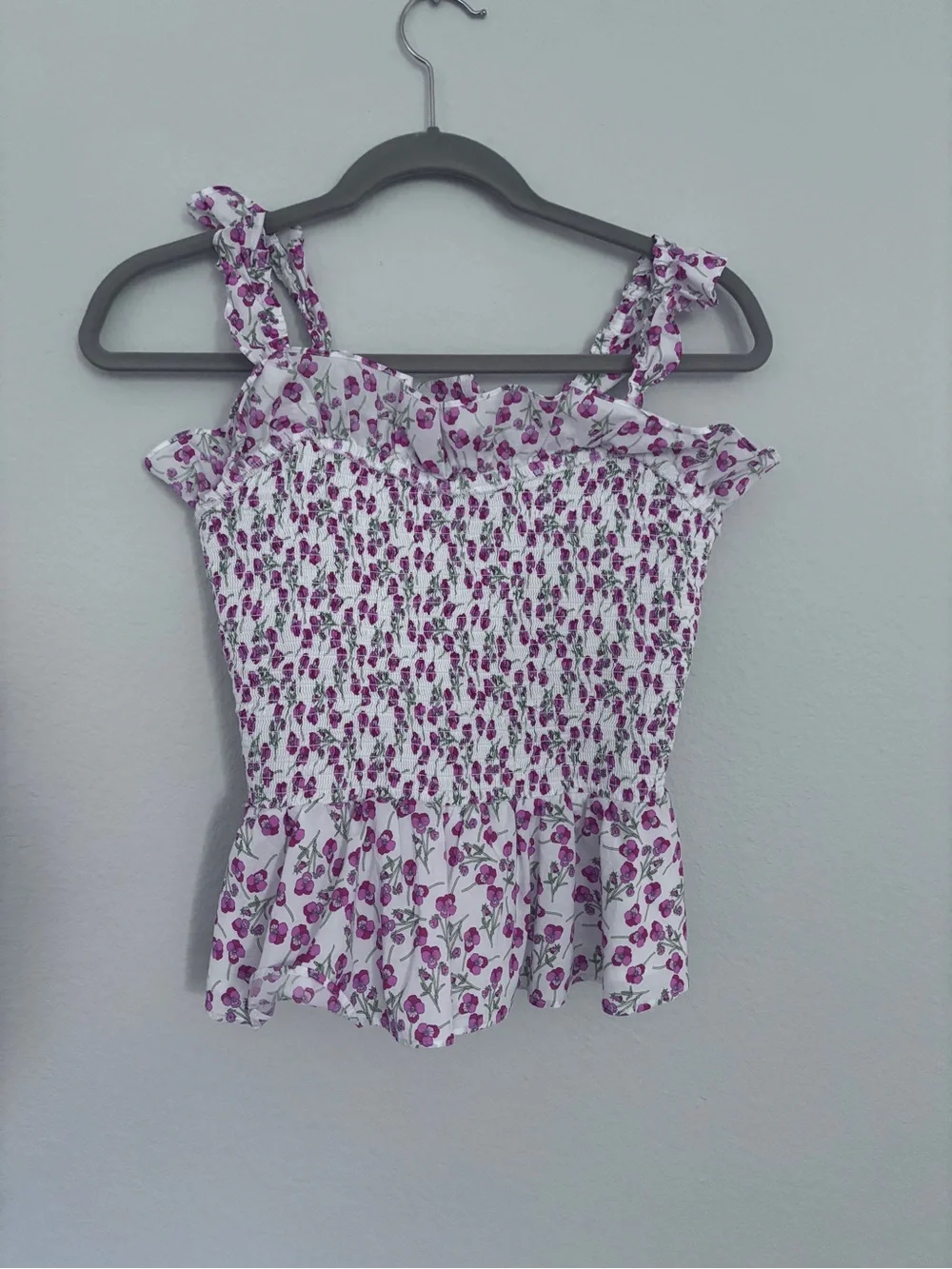 Floral Smocked Peplum Tank Top - White & Pink